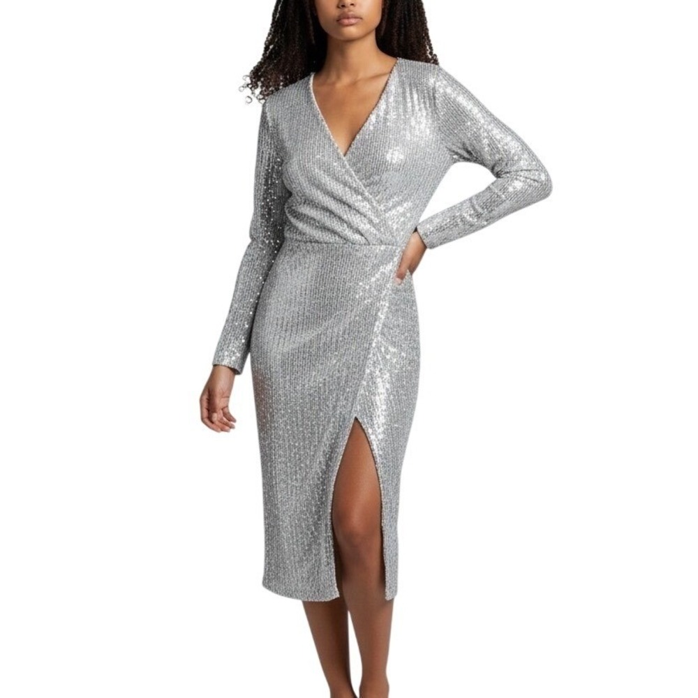Faux Wrap Sequin Dress Womens Sz S Silver Long Sleeve V-Neck Midi Slit Party NYE